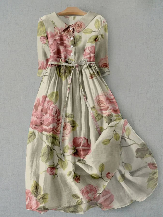 MASAH | Vintage Jurk van Katoen en Linnen met Bloemenpatroon