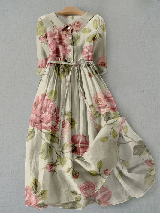 MASAH | Vintage Jurk van Katoen en Linnen met Bloemenpatroon